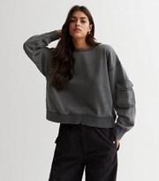 New Look Dark Grey Acid Wash Cargo Sleeve Sweatshirt